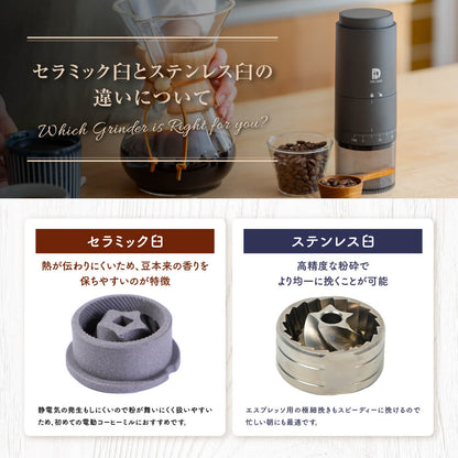 【挽きたて1杯で上質な時間を】 電動コーヒーミル セラミック/ステンレス 臼式 コニカル式 コードレス 【エスプレッソ対応/39段階粒度調整/1年保証】